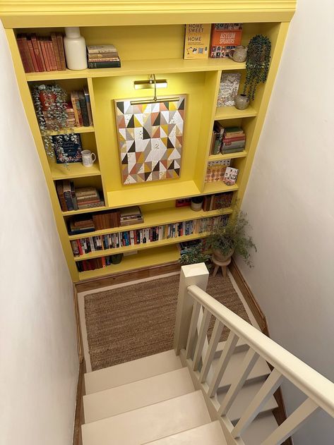 Shelves At Top Of Stairs, Shelves Going Up Stairs, Top Of Stairs Bookshelf, Bookcase At Top Of Stairs, Bookcase Top Of Stairs, Stairwell Bookshelf, Top Of Stairs Storage, Stairwell Library, Stairway Library