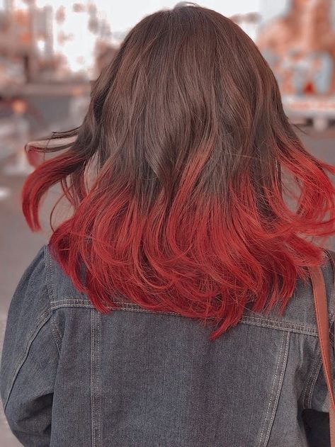 Black To Red Ombre Hair Short, End Of Hair Dyed, Brown Hair Red Tips, Ends Of Hair Dyed, Short Hair Color Ideas Unique, Red Dip Dye Hair, Dyed Ends Of Hair, Red Hair Tips, Hair Color Swatches