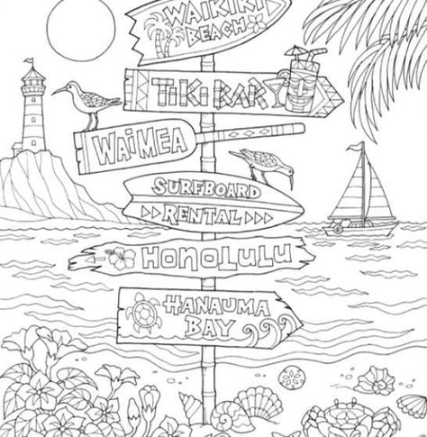 Coloring Pages Summer Aesthetic, Summer Coloring Sheets Aesthetic, Beachy Coloring Pages, Summer Coloring Pages For Adults, Beach Colouring Pages, Travel Coloring Pages, Coloring Pages Beach, Coloring Stencils, Dover Coloring Pages