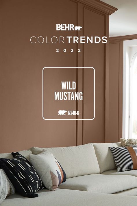 Wild Mustang, November's Color of the Month, is a rich chocolate that adds rustic vibes to any room. Behr Wild Mustang, Behr Paint Colors Brown, Colour Trends 2022, Behr Color Trends, Painted Rooms, November Colors, Industrial Boho, Behr Colors, Color Of The Month