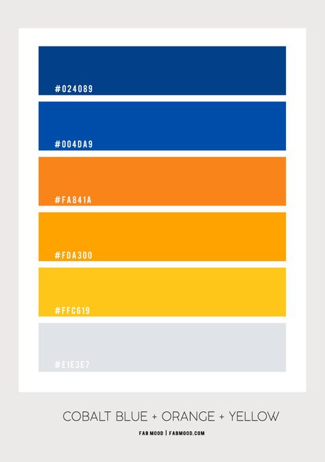 Cobalt Blue, Orange and Yellow Color Scheme – Color Palette #71 1 - Fab Mood | Wedding Colours, Wedding Themes, Wedding colour palettes Black Yellow Blue Color Scheme, Royal Blue Palette Colour Schemes, Cobalt Blue Colour Palette, Yellow Color Combo, Yellow And Orange Palette, Cobalt Blue Color Scheme, Cobalt Blue Palette, Cobalt Blue Color Combinations, Bright Orange Color Palette