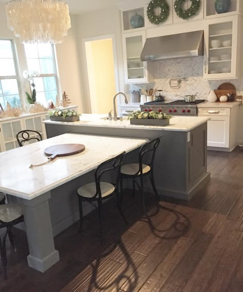 LUV this island!  Kitchen | My House of Four | Instagram Island With Drop Down Table, T Island Kitchen Layout, Kitchen Island Dining Table Combo, T Shaped Kitchen Island, Kitchen Island Table Combo, Kitchen With White Cabinets, Kitchen Island Dining Table, Unique Kitchen Design, Small Kitchen Tables