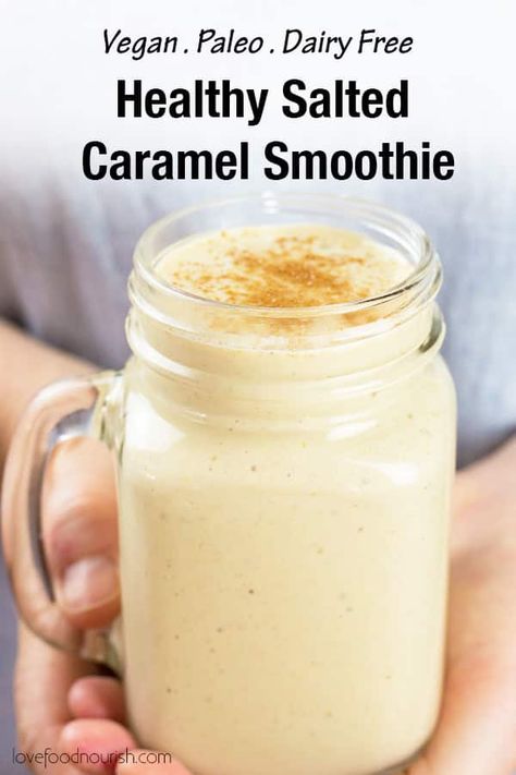 Healthy Salted Caramel Smoothie - Smooth, creamy and delicious this salted caramel smoothie is like a dessert and a breakfast all in one! Full of nutritious ingredients this healthy vegan smoothie will curb any cravings and keep you satisfied. Vegan, Dairy Free, Paleo and Refined Sugar Free. #smoothierecipes #saltedcaramel #vegansmoothie #dairyfreerecipes #paleobreakfast #smoothie #paleodiet #veganbreakfastrecipes #easycleanfoods Healthy Salted Caramel, Vacation Cocktails, Salted Caramel Smoothie, Smoothie Bowl Vegan, Vegan Smoothie Recipes, Low Carb Granola, Dairy Free Smoothies, Desserts Keto, Dairy Free Paleo