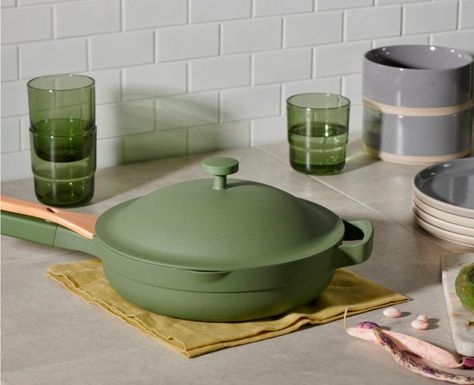 Our Place Always Pan in green alongside our place kitchenware Clown House, Always Pan, Cookware Design, Apt Decor, Kitchen Pans, Cooking Temperatures, Cooking Pan, Apartment Life, Our Place