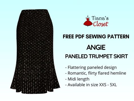 Angie paneled trumpet skirt – free PDF sewing pattern – Tiana's Closet Trumpet Skirt Pattern, Skirt Patterns Sewing Free, Long Skirt Sewing Pattern, Paneled Skirt Pattern, Midi Skirt Sewing Pattern, Skirt Sewing Pattern Free, Paper To Print, Long Skirt Pattern, Sewing Patterns Skirt