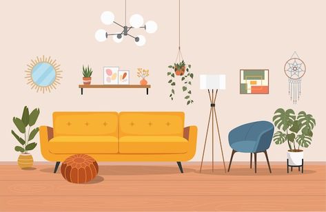 Bookcase Chair, Sofa Bookcase, Living Room Vector, Living Room Cartoon, Living Room Illustration, Floor Background, Modern Living Room Interior, Interior Illustration, Retro Interior