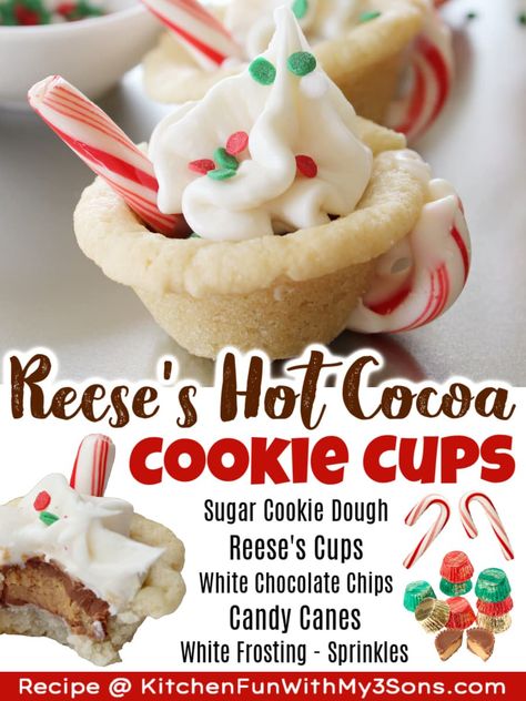 Tis the season to be hungry! Enjoy this Christmas with these amazing Reese's Hot Chocolate Cookie Cups. They are a simple dessert that includes peanut butter cups, cookie dough, white chocolate, candy canes, icing, and sprinkles. Reeses Peanut Butter Cup Recipe, Reese Cup Cookies, Hot Chocolate Cookie Cups, Chocolate Cookie Cups, Hot Chocolate Cookie, Hot Chocolate Cookies Cups, Christmas Finger Foods, Peanut Butter Cups Recipe, Cookie Cups Recipe