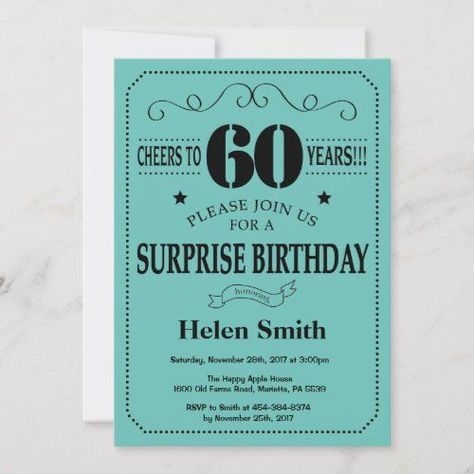 $ 2.77 | Surprise 60th Birthday Black and Teal #women birthday #cheers and beers birthday party #male man birthday #milestone bday bash invite #60th birthday #sixty birthday #sixtieth birthday #cheers to 60 years #adult surprise birthday #black teal aqua turquoise typography Cheers And Beers Birthday, Teal Invitations, Surprise 30th Birthday, Surprise 60th, Surprise 50th, 61 Birthday, Surprise Birthday Invitations, Green Invitations, 21st Birthday Invitations