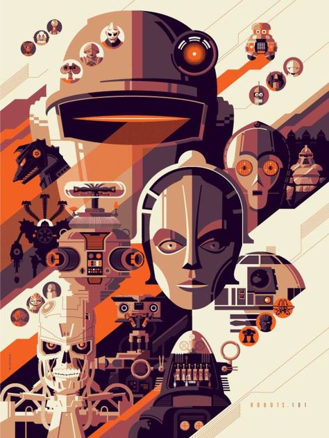 TOM WHALEN COMMISSION PRINT, ROBOTS 101 Tom Whalen, Retro Kunst, Arte Robot, Disney Posters, Poster Minimalist, Alternative Movie Posters, Poster Artwork, Film Art, Star Wars Art