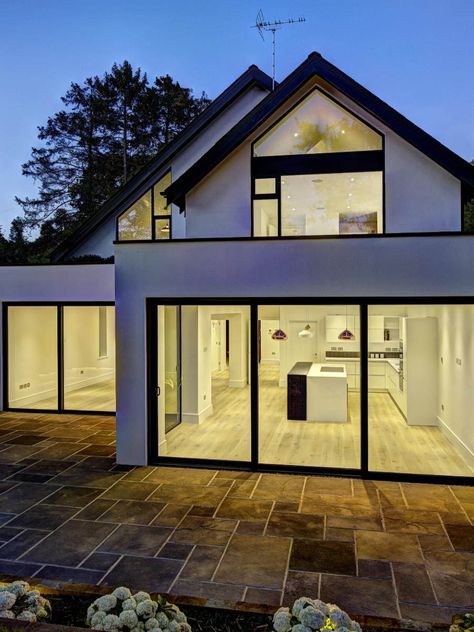 Glass Dormer, Glass Pitched Roof Extension, Side Return Glass Roof, Glass Extension On Bungalow, Gable End Windows, Glass Gable End Extension, Triangular Extension, Glazed Gable, Dormer Bungalow