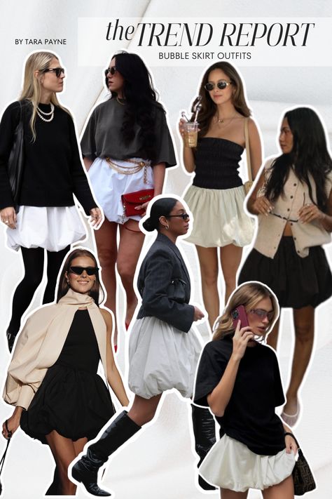 How To Wear The Bubble Skirt | Bubble Skirt Outfit Bubble Skirt Winter Outfit, Bubble Dress Outfit Style, Fall Bubble Skirt Outfit, Bubble Dress Outfit Ideas, Silver Bubble Skirt Outfit, Bubble Skirt Fall Outfit, Midi Bubble Skirt Outfit, Black Puffy Skirt Outfits, Mini Bubble Skirt Outfit