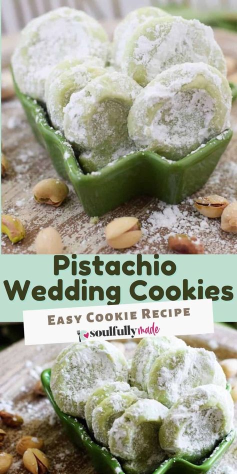 Pistachio Wedding Cookies are soft, buttery cookies that are a little sweet, a little salty, and a whole lot of deliciousness. These melt-in-your-mouth cookies just might have you reaching into that cookie jar often this Holiday Season Pistachio Wedding Cookies, Pistachio Wedding, Pistachio Pudding Cookies, Wedding Cookies Recipe, Pistachio Dessert, Salty Cookies, Pistachio Recipes, Pistachio Cookies, Pistachio Pudding