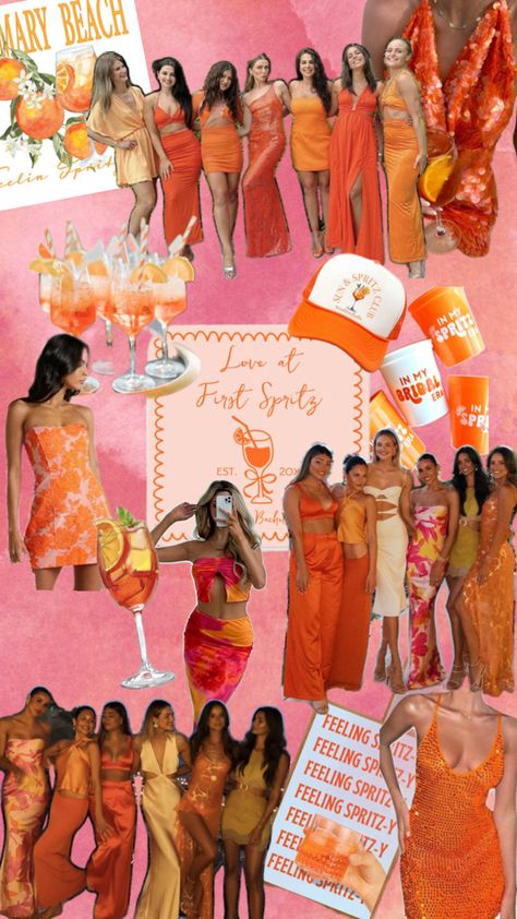 Love at First Spritz Bachelorette Theme Mood Board Theme Nights Bachelorette, Palms And Prosecco Bachelorette, Beach Bachelorette Mood Board, Wig Themed Bachelorette Party, Bachelorette Party Themes Palm Springs, Bachelorette Party Outfits Group Dresses, Bachelorette Mexico Ideas, St Tropez Bachelorette, Fruit Bachelorette Party