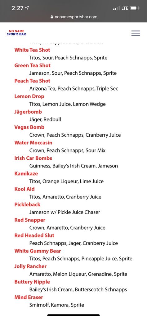 Gallon Drinks Alcohol, Common Bar Drinks Recipes, Common Shots At Bars, Dirty Drink Recipes, Basic Bartending Drinks, Popular Bar Shots, Porch Crawler Drink, Bartending 101 Cheat Sheets Drink Recipes, Cheap Mixed Drinks Alcohol