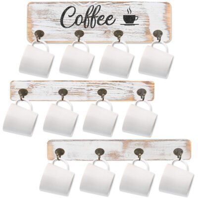 3Pc Wall Mount Coffee Cup Holder: LotFancy Coffee Mug Holders are made of high-quality solid wood and elegant bronze metal hooks. Vintage farmhouse style. Adds organization and classic décor touch to your space. Color: White/Black/Brown | Rosalind Wheeler Sylvanite 2.26" Wide Wall Hook in Wood Color Wood in Black / Brown, Size 2.78 H x 2.26 W x 1.02 D in | Wayfair Coffee Nook Decor, Coffee Cup Rack, Mug Storage, Coffee Mug Holder, Farmhouse Mugs, Coffee Cup Holder, Vintage Farmhouse Style, Coffee Nook, Wall Mount Rack