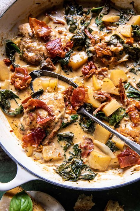 Creamy Tuscan Chicken with Crispy Prosciutto | halfbakedharvest.com Lite Easy Dinner Recipes, Chicken Enchilada Bake, Half Baked Harvest Recipes, Crispy Prosciutto, Recipes 2023, Creamy Tuscan Chicken, Chicken Entrees, Savory Food, Tuscan Chicken