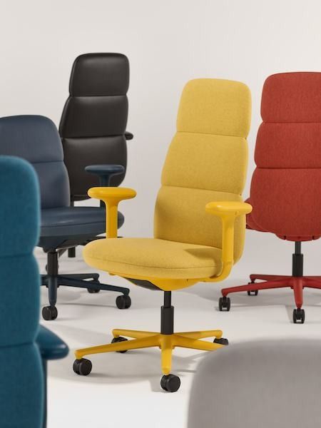 A group of five Asari chairs by Herman Miller all with height adjustable arms. Included in this group are a mid-back dark blue leather chair, a high-back deep red chair, a high-back black leather chair, a high-back yellow chair and a high-back teal blue chair. Blue Leather Chair, Embody Chair, Herman Miller Office, Sayl Chair, Herman Miller Office Chair, Black Leather Chair, Naoto Fukasawa, Work Chair, Red Chair