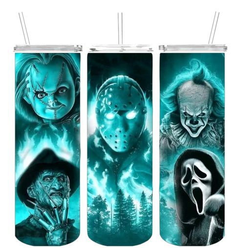 PRICES MAY VARY. Brilliant, vibrant colors All tumblers are professionally created in studio with permanent heat applied sublimation which is dishwasher safe. All images are purchased from licensed dealers. Sublimation is the permanent application of images to any surface with extreme heat. No special care required. Personalization is accepted for free. Sublimination Tumbler Designs, Halloween Friends, Halloween Vinyl, Horror Stuff, Sublimation Ideas, Horror Movie Characters, Flower Artwork, Extreme Heat, Halloween Wallpaper