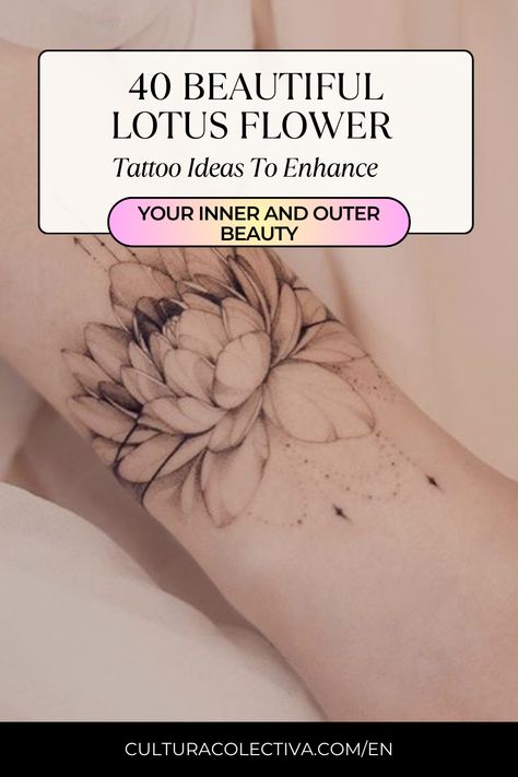 We present 40 beautiful lotus flower tattoo ideas to enhance your inner and outer beauty. Lotus And Breathe Symbol Tattoo, Peony And Lotus Flower Tattoo, Flower Tattoo Inner Wrist, Breathe Sanskrit Tattoo With Lotus Flower, Wave With Flower Tattoo, Lotus Flower Tattoo Dainty, Forearm Lotus Tattoo Women, Realistic Lotus Flower Tattoo Design, Realism Lotus Tattoo