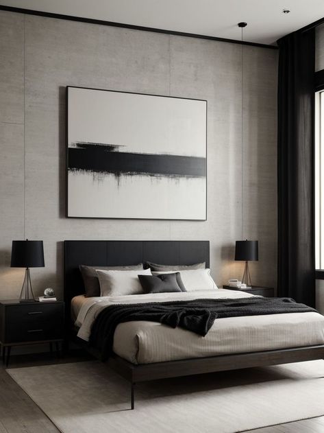 Add a touch of sophistication to a mens bedroom with sleek and modern wall art pieces like abstract paintings or black and white photography. Complement the art with industrial or rustic furniture pieces for a masculine yet stylish look. Modern Bedroom Ideas For Men, Bachelor Room, Apartment Contemporary, Mens Apartment Decor, Bachelor Bedroom, Masculine Wall Art, Male Bedroom Ideas, Hate To Love, Mens Bedroom Decor