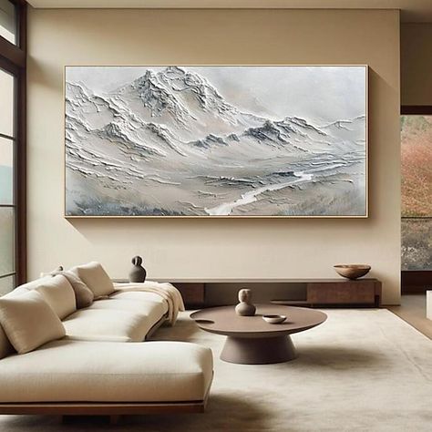 Textured Mountain Art, Bedroom Painting Ideas Canvas, Basement Artwork, Big Art Pieces Living Room, Horizontal Living Room, Snowy Mountain Painting, Large Horizontal Wall Art, Art Over Couch, Black And White Oil Painting