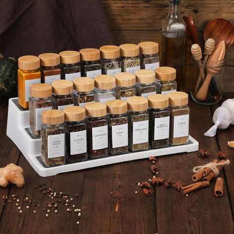 Organize Kitchen Spices, Spice Organization Drawer, Seasoning Storage, Minimalist Farmhouse, Spice Jar Set, Kitchen Canister Set, Spice Drawer, Glass Spice Jars, Spice Labels