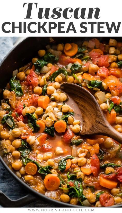 With simple ingredients and bright flavors, this easy Tuscan chickpea stew is a healthy and delicious meatless meal made in about 30 minutes! Meatless Stew Recipes, Meatless Dinners Crockpot, Mediterranean Chickpea Stew, Meatless Healthy Meals, Rastafarian Food Recipes, Recipes With Legumes, Chickpea Soup Vegan, Chickpea Stew Recipes, Meatless Crockpot Meals