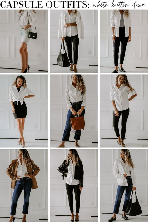 Capsule Outfits That Build a Timeless Wardrobe - MY CHIC OBSESSION White Button Down Shirt Capsule Wardrobe, Feminine Minimalist Wardrobe, White Shirt Capsule Wardrobe, Basic Timeless Outfits, Button Shirt Outfit, Long Shirt Outfits, Business Capsule, Autumn Shirt Outfit, Small Business Accounting Software