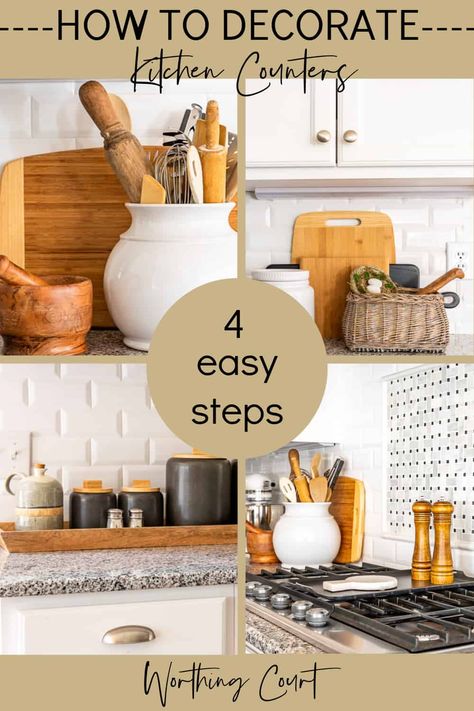 How to decorate your kitchen countertops in 4 easy steps. Keep them beautiful and functional at the same time! #kitchencounters #decoratekitchencounters #kitchendecor Decorate Kitchen Counter, Kitchen Counter Corner, How To Decorate Kitchen Countertops, How To Decorate Kitchen Counters, Kitchen Countertops Decor, Kitchen Countertop Decor Ideas, Decorating Kitchen Countertops, Small Kitchen Counter, Counter Top Decor