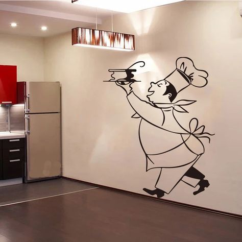 Vinyl Wall Decals Sticker Mural | Wall Sticker Kitchen Chef | Chef Decorations Kitchen - Wall Stickers - Aliexpress Wall Drawing Ideas, Gray Bathroom Walls, Mural Cafe, Creative Wall Painting, Cafe Wall Art, Food Wall Art, Diy Wall Painting, Kitchen Wall Stickers, Kitchen Decor Wall Art