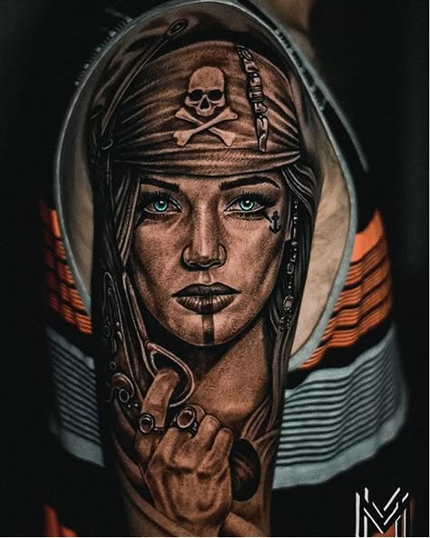 Pirate Head Tattoo, Female Pirate Tattoo, Pirate Tattoo Sleeve, Pirate Girl Tattoos, Sea Tattoo Sleeve, Pirate Tattoos, Pirate Skull Tattoos, Pirate Ship Tattoos, Tattoos Ideas For Men