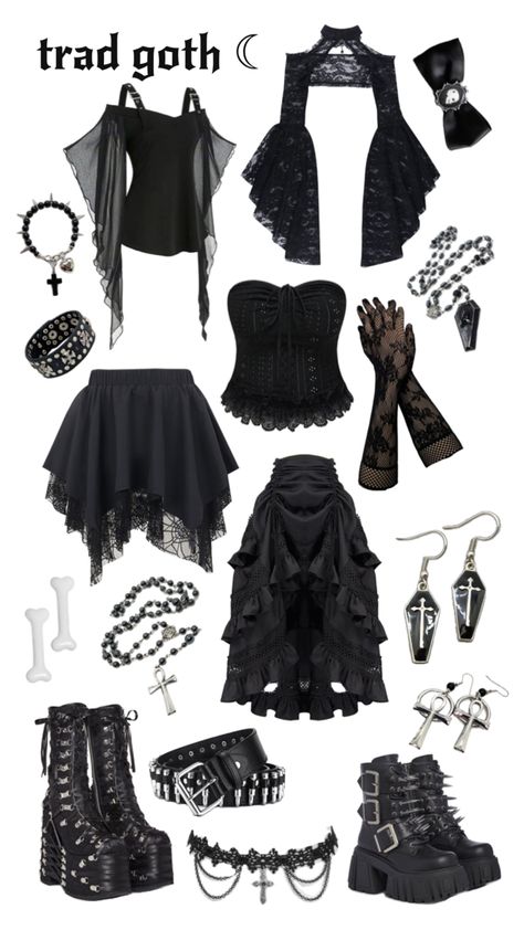 traditional goth outfit ,, Gothic Edgy Outfits, Goth Aesthetic Style, How To Make Gothic Clothes, Gothic Clothing Ideas, Goth Types Chart, Goth Halloween Outfit, Classic Goth Aesthetic, Gothic Shoes Aesthetic, Cheap Goth Clothes