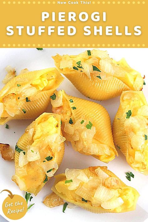 These easy stuffed pierogi shells (also called lazy pierogi) have all the delicious flavor of homemade pierogi but without all the fuss of making dough. Jumbo pasta shells are cooked and filled with cheesy mashed potatoes, topped with buttery sautéed onions, and then baked in the oven for a meatless dish that's sure to be a hit! Get the recipe and try them! Stuffed Foods Ideas, Fried Jumbo Shells, Easy Jumbo Shells Recipe, Dairy Free Pierogi Recipe, Pierogi Stuffed Shells, Air Fried Jumbo Stuffed Shells, Homemade Pasta Shells, Air Fryer Stuffed Shells, Large Shells Recipe