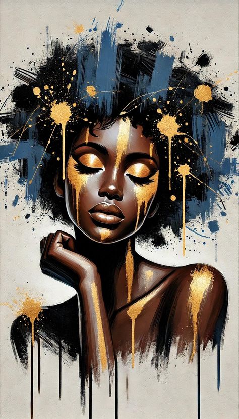 Elevate your space with this captivating digital download of an abstract painting featuring a stunning Black woman adorned with gold paint splashes. This artwork symbolizes strength, beauty, and elegance, blending rich dark tones with vibrant gold accents that draw attention to the intricate details of her serene expression. The ethereal combination of gold and blue brushstrokes surrounding her creates a halo-like effect, adding a divine, otherworldly feel to the piece. This high-quality digital Black People Paintings, Black Women Art Goddesses, Black Artwork Inspiration, Black Women Paintings, African Lady Painting, Black Afro Art, Black Artists Artworks, African Portraits Art, Black Woman Portrait