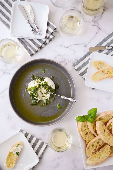 Burrata Appetizer, Easy Starters, White Sangria, Appetizer Plate, Sweet Basil, Pinot Grigio, Crushed Red Pepper Flakes, Great Appetizers, Appetizer Plates