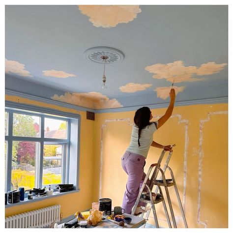 Melissa Wickham | 👩🏻‍🎨A couple of months ago I had such a lovely lovely time making Jess’s cloud ⛅️ ceiling dreams come true @thehousethatcolourbuilt 🏡💖 The... | Instagram Cloud Bedroom Ceiling, Cloud Wallpaper On Ceiling, Ceiling Clouds, Painted Ceiling Kids Room, Cloud Ceiling Bedroom Paint, Painted Ceiling Clouds, Clouds On Ceiling, Diy Cloud Mural, Painted Sky Ceiling