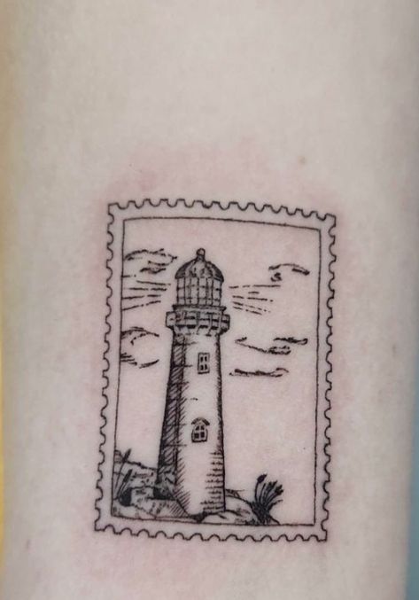 Rhode Island Stamp Tattoo, Stamp Tattoo Lighthouse, Portland Headlight Tattoo, Lighthouse Outline Tattoo, Cute Lighthouse Tattoo, Life Preserver Tattoo, Maine Lighthouse Tattoo, Rhode Island Tattoo Ideas, Maine Noah Kahan Tattoo