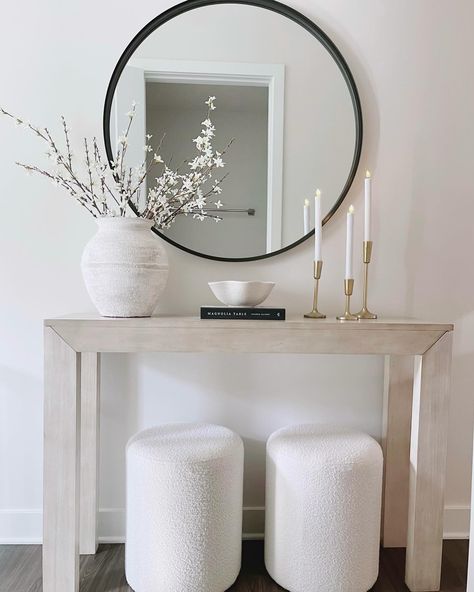 Entrance Room Ideas, Neutral Console Table, Hallway Entry Ideas, Greek Home Decor, Credenza Styling, Console Dresser, Console Table Decor, Small Console Table, Pleated Tulle Skirt