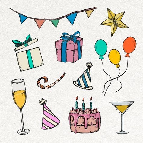 Birthday Craft, Happy Birthday Illustration, Birthday Doodle, Vintage Birthday Parties, Birthday Painting, Party Cartoon, Birthday Icon, Birthday Party Stickers, Birthday Illustration