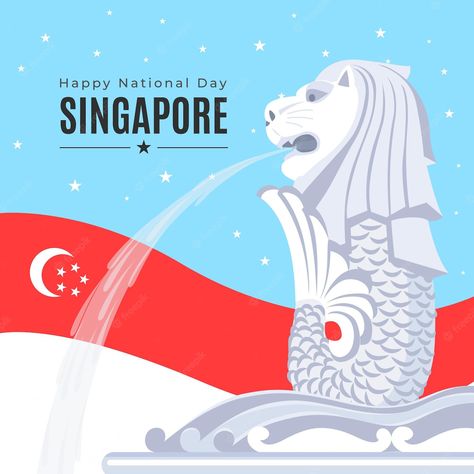 Happy National Day Singapore, National Day Singapore, Singapore Illustration, Travel Mural, Singapore National Day, Singapore Flag, Singapore Skyline, Happy National Day, Flat Art