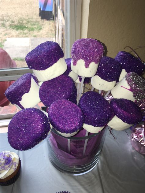 Purple Party Desserts, Purple And Silver Centerpieces Diy, Sweet 16 Dessert Table Ideas Purple, Purple Glitter Birthday Party Ideas, Euphoria Themed Snacks, Purple Desert Table Ideas, 13 Shades Of Purple Party, 16 Shades Of Purple Sweet 16, Euphoria Theme Food