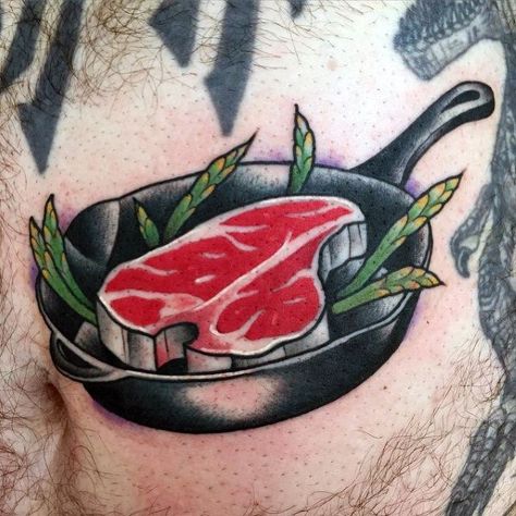 Steak Male Tattoos Old School Chef Tattoo, Culinary Tattoos Men, Chef Tattoo Ideas For Men, Steak Tattoo, Food Tattoo Ideas, Bacon Tattoo, Cooking Tattoo, Culinary Tattoos, Tattoo Food