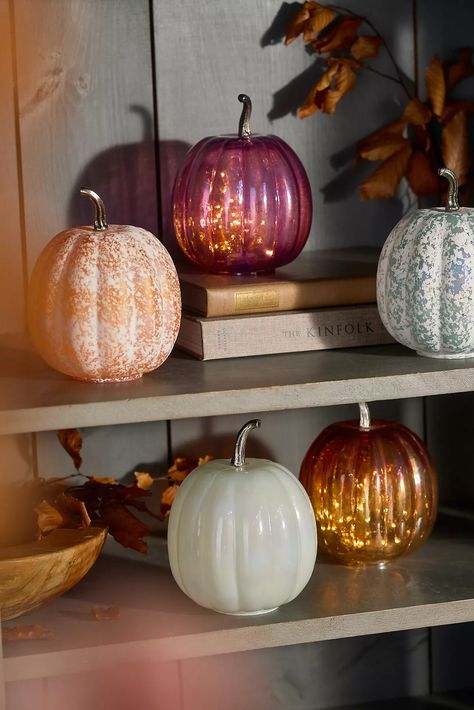 Glass Pumpkin, 6” | AnthroLiving Glass Pumpkins Display, Glass Pumpkin Decor, Pumpkin Tablescape, Faux Branches, Mirror House, Decor 2024, Pumpkin Decor, Glass Pumpkins, Lace Tablecloth