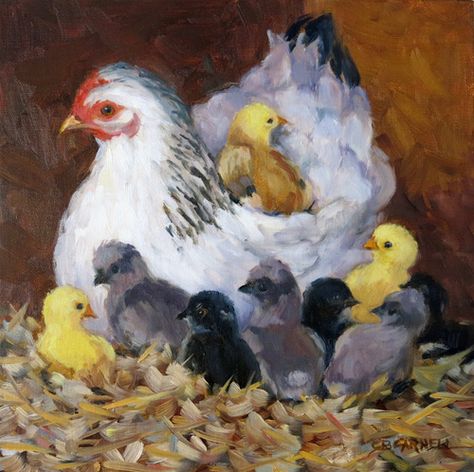 Hen And Chicks Drawing, Chicken Painting Acrylic, Hen Painting, Hen Art, Farm Animal Paintings, Farm Animal Painting, Mother Hen, Chicken Pictures, Rooster Painting