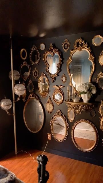 Wall Frame Layout, Gold Frame Gallery Wall, Decorative Bathroom Mirrors, Mirror Collage, Large Floor Mirror, Mirror Gallery, Taupe Walls, Victorian Mirror, Mirror Gallery Wall