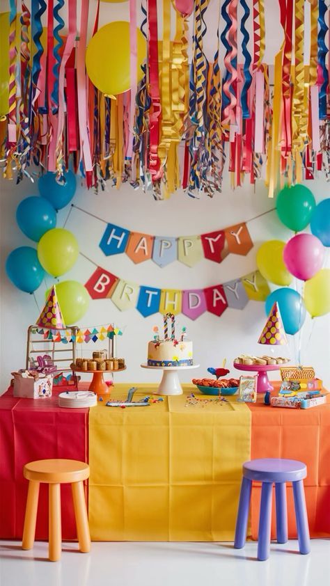 Happy Birthday Theme Decoration, Primary Colour Birthday Party, Multicolor Birthday Party Decoration, Colorful Toddler Birthday Party, Primary Colors 1st Birthday Party, Red Blue Yellow Green Birthday Party, Colorful Balloons Birthday, Traditional Birthday Party Decor, Colorful Bday Party Ideas