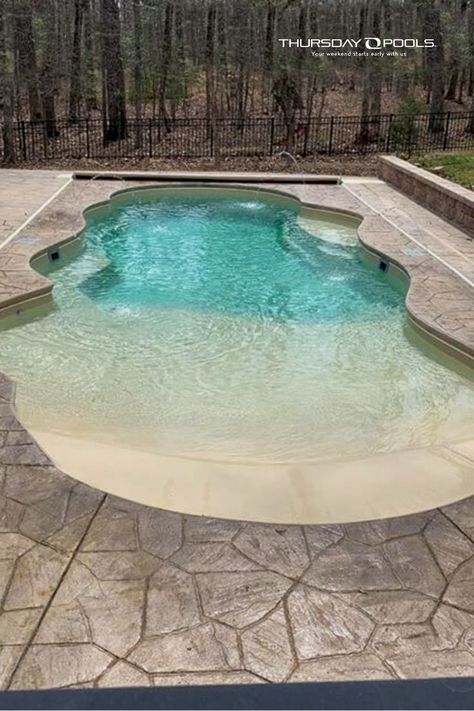 Fiberglass Beach Entry Pool, Beach Like Swimming Pools, Beach Like Pool, Small Beach Entry Swimming Pools, Smaller Inground Pool Ideas, Beach Entry Cocktail Pool, Small Beach Pools Backyard, Small Pool With Beach Entry, Beach Entry Pools Backyard