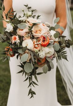 Wild Wedding Bouquet with peach roses coral flowers and greenery | Foodie Romance : A Chic Elegant Wedding - Mann and Wife Photography #weddingbouquet #bouquet #weddings #flowers #weddingflowers #bridalbouquet #floral  Wild Wedding Bouquet with peach roses coral flowers and greenery | Foodie Romance : A Chic Elegant Wedding - Mann and Wife Photography #weddingbouquet #bouquet #weddings #flowers Wild Wedding Bouquet, Fall Wedding Ceremony, Elegant Wedding Flowers, Flowers And Greenery, Fall Wedding Bouquets, Fall Wedding Flowers, Coral Flowers, Color Story, Peach Roses