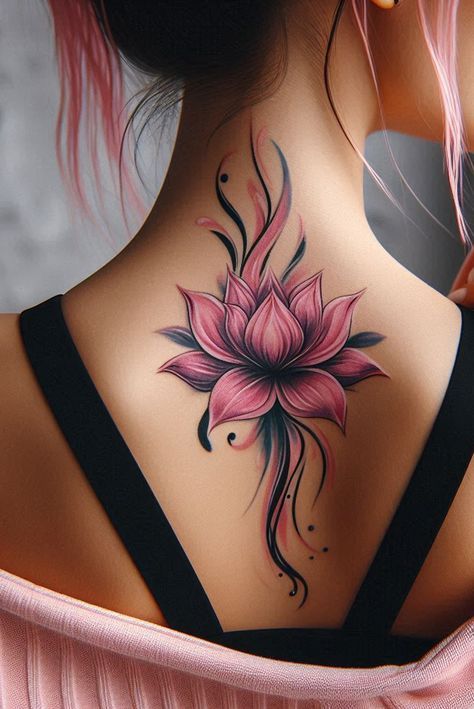 Realistic Lotus Flower Tattoo Design, Back Tattoos Flowers, Pink Lotus Flower Tattoo, Lotus Flower Chest Tattoo, Colorful Lotus Flower Tattoo, Side Stomach Tattoos Women, Lotus Flower Back Tattoo, Tattoo Shading Ideas, Boujee Tattoos For Women