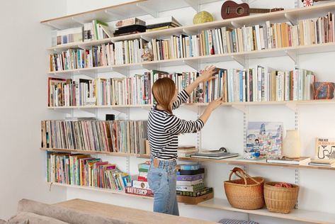 Wall Shelves With Brackets, Track Shelving, Shelves With Brackets, Tranquil Home, Shelves And Storage, Open Bookshelves, Library Wall, Wall Bookshelves, Living Room Shelves